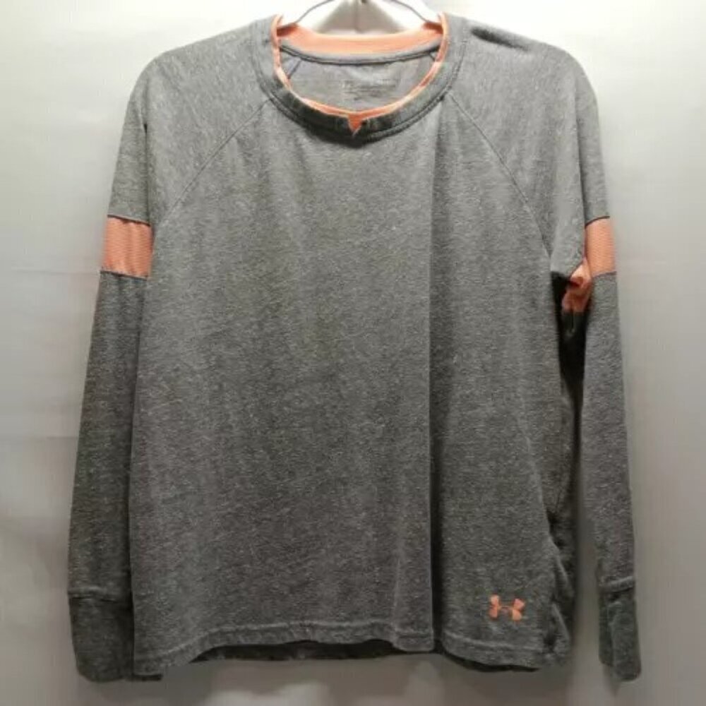 Under Armour Ladies Long Sleeve Tee Small Loose Fit Graphic Logo Gray‎ Peach GUC